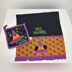 Disney Parks Halloween Towel & Pot Holder Purple Orange Mickey Towel 100% Cotton